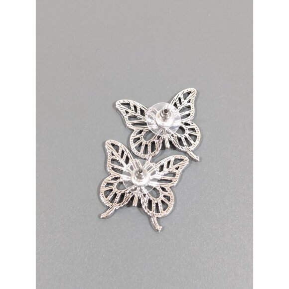 Silver Tone Open metal Work Butterfly Pierced Earrings Boho Western Retro - Picture 5 of 9